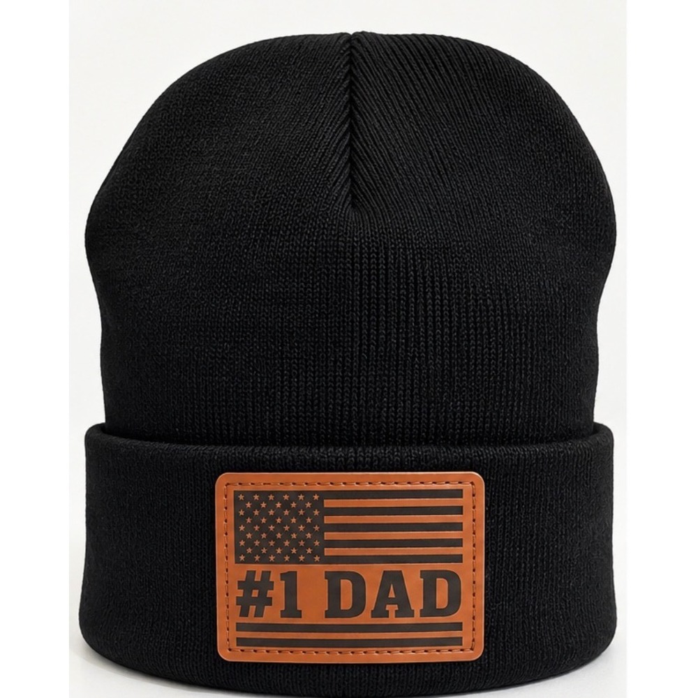 #1 Dad American Flag Beanie Black Ribbed Knit Cuffed Winter Hat Patriotic Gift
